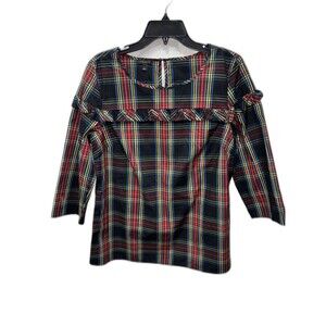 Talbots Top Black Red Yellow Plaid Ruffle 3/4 Sleeve Side Zipper L Keyhole